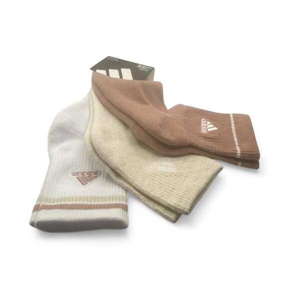 NEW adidas Women's Cushioned Sport High Quarter Socks 3-Pair Crew Socks Br/Be/Wh - Picture 2 of 4